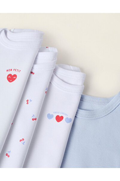 Ziddy Pack of 4 Short Sleeve Bodysuits for Baby Girls 'Hearts', White/Blue