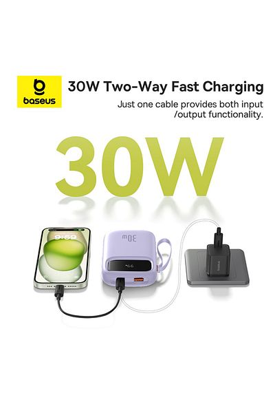 Baseus QPow2 20000mAh 30W Power Bank with Built-in Dual Type-C Cables & Digital Display Black