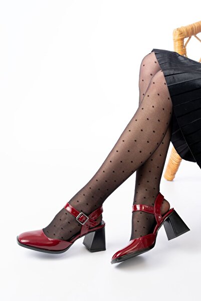 Shemard Inf-40450 Claret Red Patent Leather Daily Open Back Heeled Shoes
