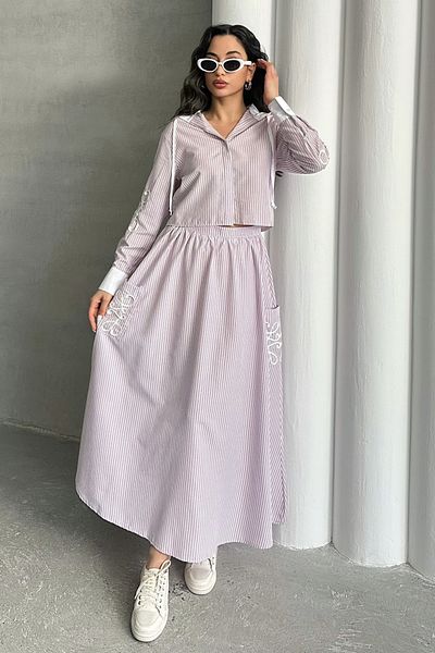 MD trend Women's Striped Hooded Shirt Skirt Double Set