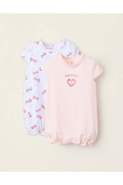 Ziddy Pack of 2 Romper-Pyjamas for Baby Girls 'Hearts', White/Pink