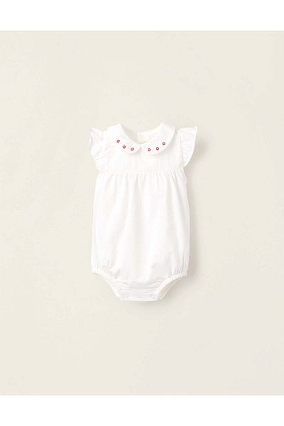 Ziddy Bodysuit with Flower Embroidery for Newborn Girls, White
