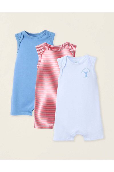 Ziddy Pack of 3 Cotton Romper-Pyjamas for Baby Boys, Blue/Red
