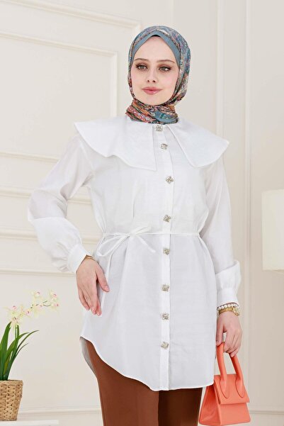 Sevitli Wide Collar Tunic with Lace-Up Waist - White