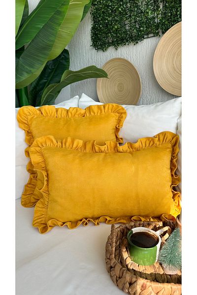 Decamor home Vintage Frilly Mustard Yellow Throw Pillow Cover 1 Pc