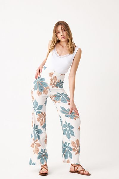 Know Women's Light Blue-White Floral Patterned Tube Leg Trousers