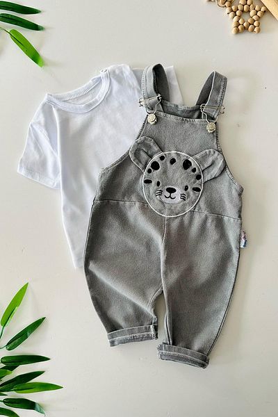 Minigimin Cicileri My Little One's Cicileri Kitten Embroidery Detailed Soft Denim Baby Boy Set of 2 - Gray
