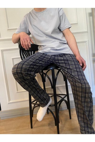 DÜVEN Pijama Tişört Alt Üst Takımı - Kısa Kollu Bisiklet Yaka Alt Ekose Desenli Pijama Takımı