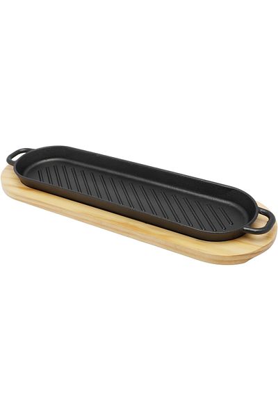 mastergold 38x10.7cm Oval Cast Iron Grill Pan with Handles & Wooden Base | Oven Safe Roasting Skillet for BBQ