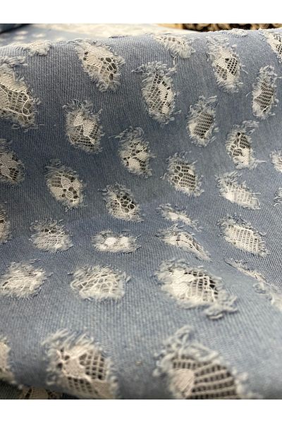 METERİAL Light Blue Denim Fabric with Perforated Lace Pattern - 135 cm Width |   Modern and Stylish Design