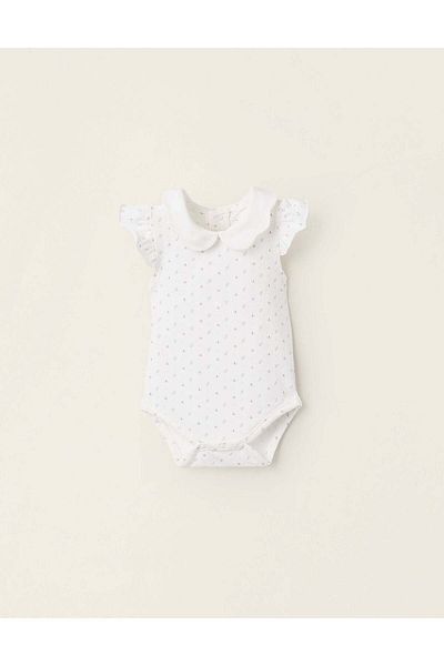 Ziddy Floral Bodysuit with Wavy Collar and Ruffles for Newborn Girls, White