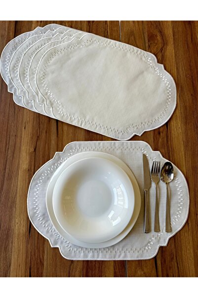 NURHAN HOME COLLECTION 6 Adet Dama Desenli Ekru Amerikan Servis Supla