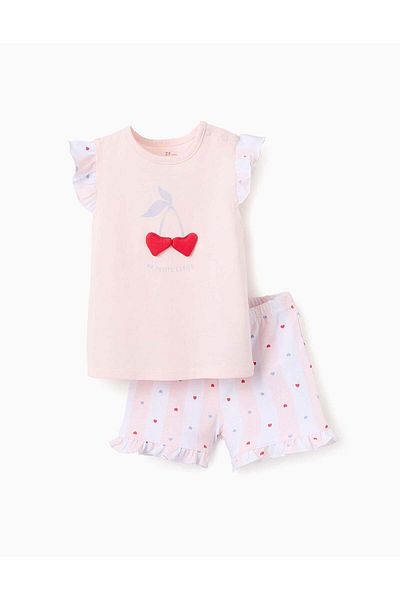 Ziddy Cotton Pyjama with Frills for Baby Girls 'Cherries', White/Pink