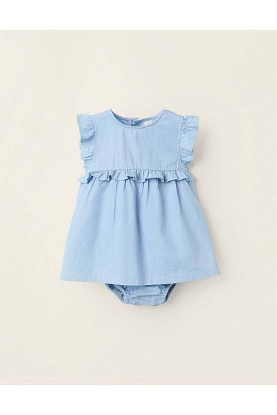 Ziddy Denim Dress with Integrated Bloomers for Newborn Girls, Blue