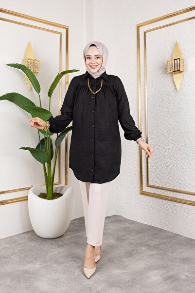 Nevayla Moda Gathered Front Ankle Elastic Tunic - Black / Ü104