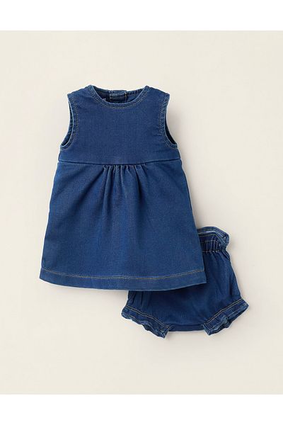 Ziddy Denim Dress + Bloomers for Newborn Girls, Dark Blue