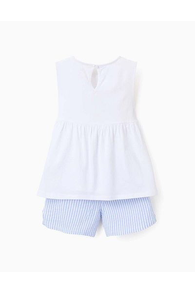 Ziddy Cotton Pyjama with Lace and Stripes for Girls, White/Blue