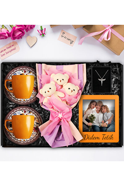 Apollon Gift Shop Anneler Gününe Özel Desenli İkili Turuncu Fincan & Ayıcık B...