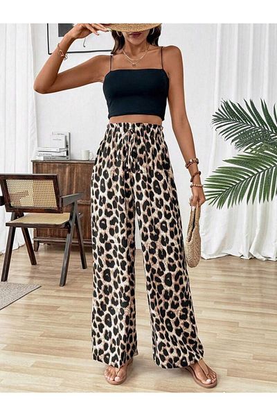 trendgar Women's Leopard Print Wide Leg Pants