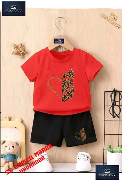 SS SİNSER Tricou cu gât rotund cu imprimeu special HEART LEOPARD pentru copii...