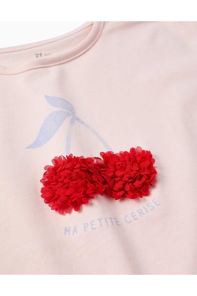 Ziddy Cotton Pyjama with Ruffles and Motif for Girls, Pink/White