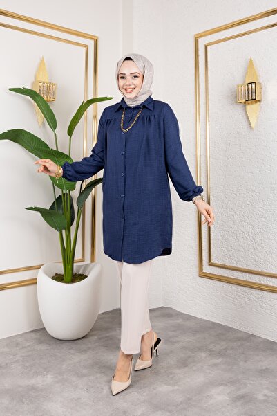 Nevayla Moda Gathered Front Ankle Elastic Tunic - Navy Blue / Ü104