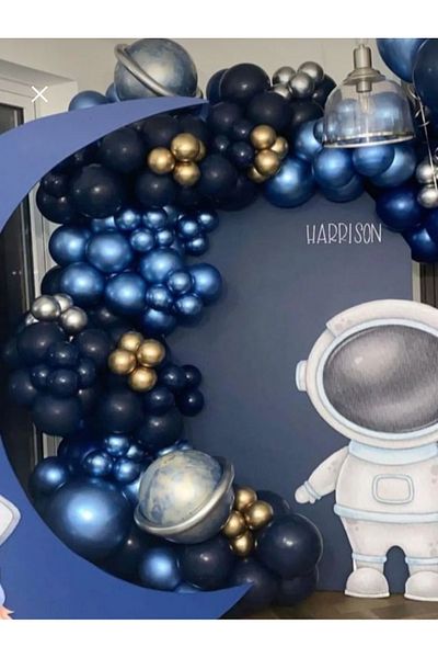 Çemrek Süs Parti Night Blue Chrome Blue Gold Chrome Space Concept Balloon Chain with 103 Sausage Balloons