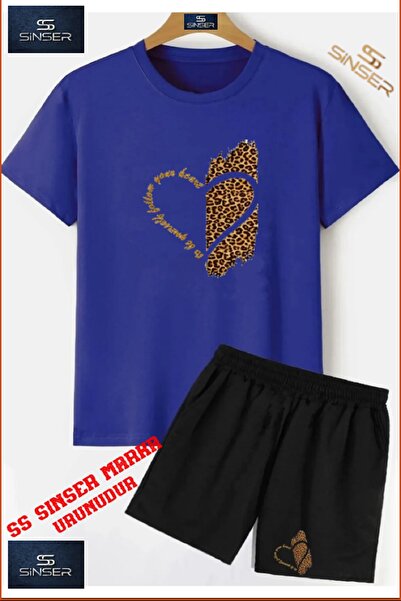 SS SİNSER Children's Heart Leopard Custom Printed Crew Neck T-Shirt - Shorts Set