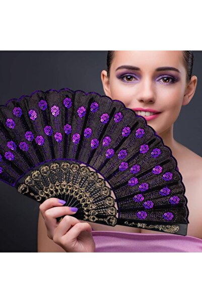 BELUGA Yelpaze Şık Siyah Mor Pullu Yelpaze 260136 Hediyelik