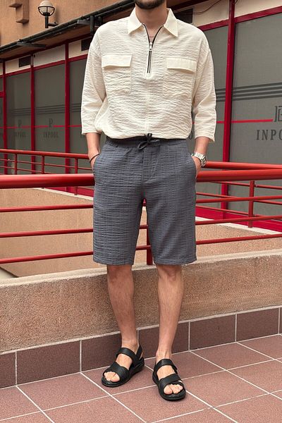 inpool Men's Elastic Waist Regular Fit Seersucker Texture Shorts-Bermuda 297