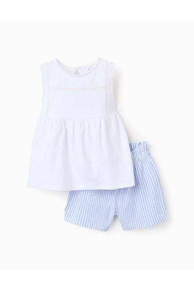 Ziddy Cotton Pyjama with Lace and Stripes for Girls, White/Blue