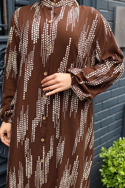modessia Women's Brown 100% Viscose Cotton Small Square Pattern Loose Cut Hijab Dress Dv785