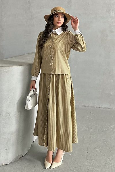 MD trend Women's Striped Front Detailed Shirt-Skirt Double Set