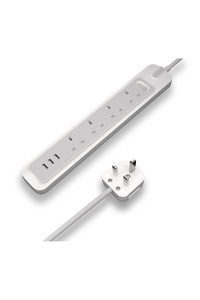 RAFEED كابل تمديد 2 متر، 4 مقابس، حماية من زيادة التيار، 3250 وات، 13 أمبير، 3 منافذ USB