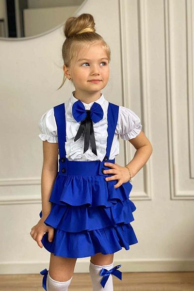 Riccotarz Girl's Balloon Sleeve Ruffled Collar Shirt, Layered Ruffled Blue Skirt, Salopet Set