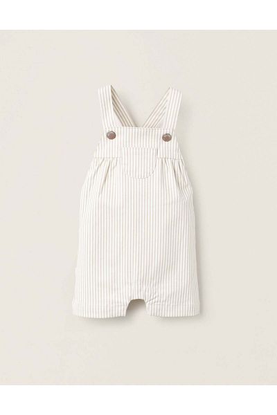 Ziddy Striped Twill Dungarees for Newborns, White/Beige