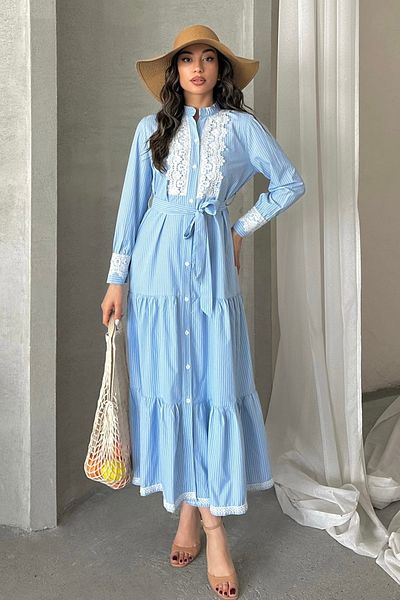 MD trend Rochie lungă brodata din dantela cu curea dama