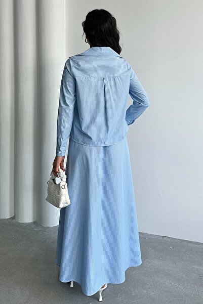 MD trend Women's Striped Pocket Detailed Buttoned Shirt-Skirt Two-Piece Set