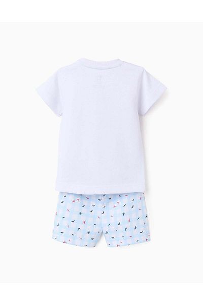 Ziddy Cotton Pyjama with Check for Baby Boys 'Shark', White/Blue