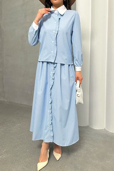 MD trend Women's Striped Front Detailed Shirt-Skirt Double Set