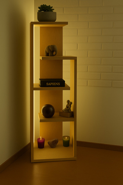 Piarcab Ledli Modern Asimetrik Ahşap Kitaplık | 4 Raflı Dekoratif 120x44x25cm