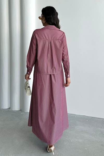 MD trend Women's Striped Pocket Detailed Buttoned Shirt-Skirt Two-Piece Set