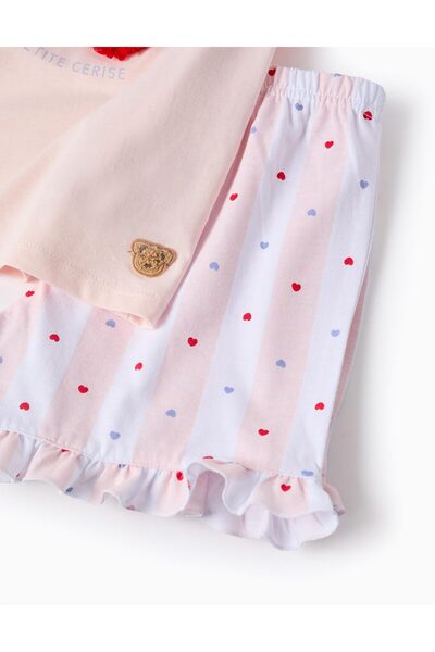 Ziddy Cotton Pyjama with Ruffles and Motif for Girls, Pink/White