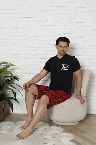 MODAREYA Sevgililer, Çiftler ve Çeyizlik İçin Eşli Patlı Kısa Kollu Şortlu Ekoseli Pijama