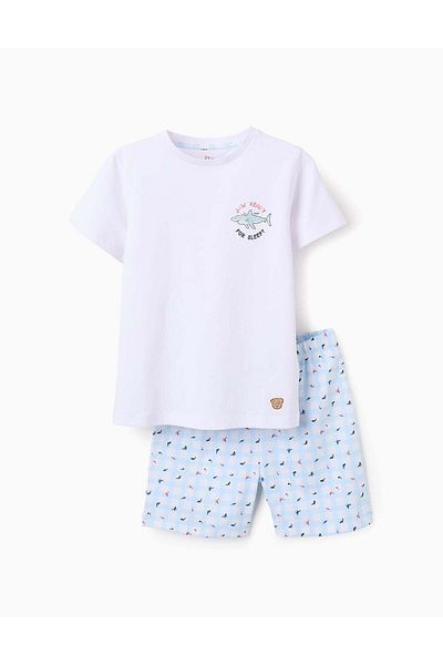 Ziddy Cotton Pyjama with Check for Boys 'Shark', White/Blue