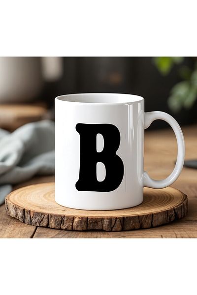 BB TRADE كوب مطبوع من السيراميك الأبيض بتصميم حرف B سعة 330 مل
