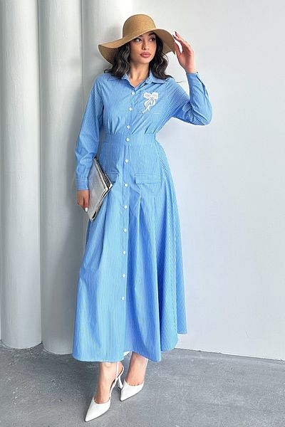 MD trend Women's Striped Pocket Detailed Buttoned Shirt-Skirt Two-Piece Set