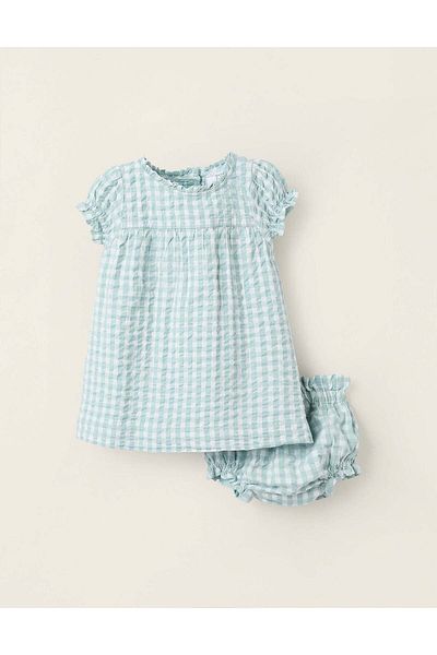 Ziddy Dress + Bloomers Set in Vichy for Newborn Girls 'B&S', White/Mint Green