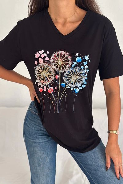 Bİ.GİYSEN Women's Large Size Black V-Neck Front Patterned Sequin Embroidered 100% Cotton Combed Cotton Buluz