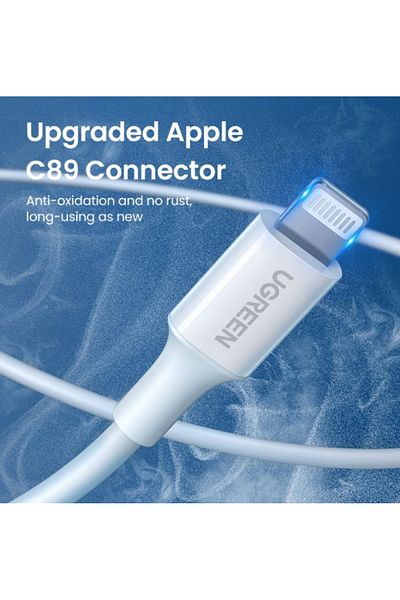 Ugreen كابل شحن سريع معتمد من 3a Pd Mfi من النوع C إلى Lightning بطول 1 متر فضي 70523